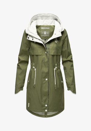 Veste imperméable verte avec une capuche blanche, taille ajustable par cordon de serrage, deux poches avant et fermeture éclair à l'avant.