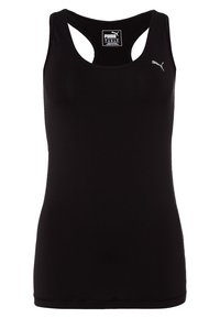 Black sleeveless athletic tank top made of smooth fabric. Features a rounded neck, racerback design, and a reflective logo on the chest.