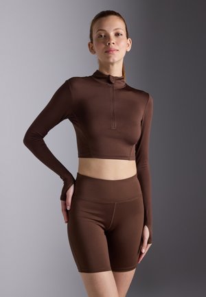 CROPPED HIGH NECK LONG SLEEVE TOP WITH 1/2 ZIP &THUMB HOLES - Långärmad tröja - brown
