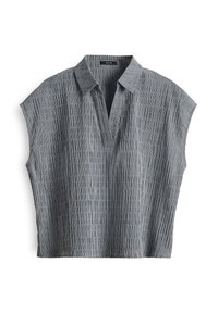 Blusa grigia con colletto e maniche corte, caratterizzata da un motivo a righe verticali e un design a scollo a V profondo. Tessuto liscio e strutturato.