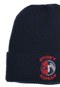 Navy knitted beanie featuring a folded cuff and an embroidered logo with red and white accents, depicting a spider and human motif.