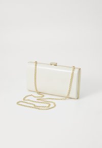 Glossy white rectangular clutch bag with a gold chain strap and a clasp closure. Smooth texture with a minimalist design.