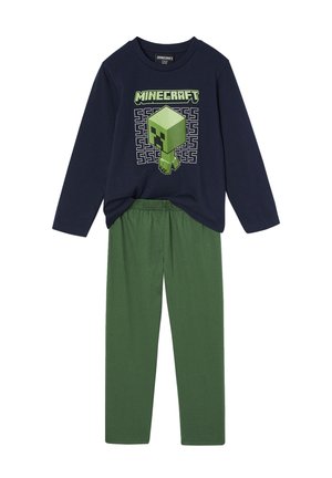 Langarm-Hemd in Marineblau mit einem Minecraft Creeper-Graphic und grünen Schlafanzughosen mit elastischem Bund. Weiches Baumwollmaterial, lässige Passform.