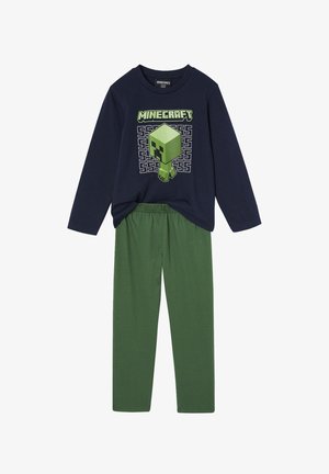 Langarm-Hemd in Marineblau mit einem Minecraft Creeper-Graphic und grünen Schlafanzughosen mit elastischem Bund. Weiches Baumwollmaterial, lässige Passform.