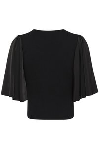 Top negru cu un corset ajustat și mâneci scurte, drapate și moi. Țesătura are o textură netedă, creând un contrast cu structura corpului.