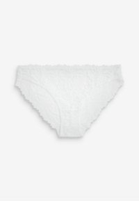 Weiße Spitzen-Bikini-Unterwäsche mit Blattmuster, gewellten Kanten und weichem Material. Der elastische Bund bleibt sichtbar.