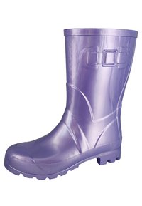 Paarse rubberen regenlaars met een glanzende afwerking, een gestructureerde zool voor grip en gemodelleerde accenten aan de zijkanten voor extra ontwerpdetails.
