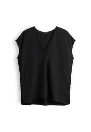 Zwarte mouwloze blouse met V-hals en een losse pasvorm, weergegeven op een witte achtergrond.