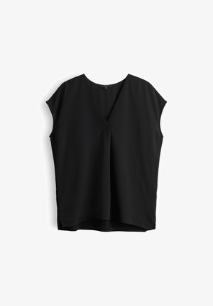 Blouse noire sans manches avec encolure en V et coupe décontractée, présentée sur fond blanc.