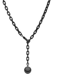 Sort kædelynkke med ovale led og en større rund vedhæng hængende fra midten. Glat tekstur med en blank finish.
