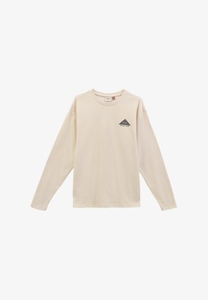 Langarm T-shirt in crèmekleur, gemaakt van een gestructureerde stof. Voorzien van een klein grijs driehoekig logo op de borst. Casual pasvorm met een ronde halslijn.