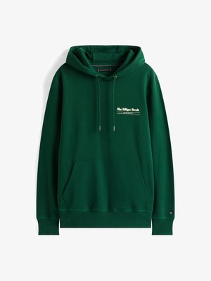 Roheline kapuutsiga särk, mis on valmistatud pehmest materjalist, millel on kengur tasku, reguleeritav nööriga kapuuts ja trükitud logo ees.