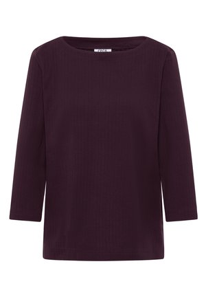 Dark purple ribbed long-sleeve shirt with a round neckline and a straight hem.