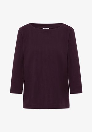 Chemise à manches longues côtelée de couleur violet foncé avec un col rond et un ourlet droit.