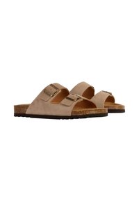 Sandali in suede beige con due cinturini regolabili, fibbie in metallo e suola in sughero, dotati di una suola in gomma nera texturizzata.