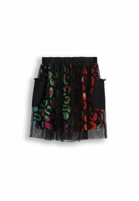 Czarna spódnica z tiulu z kolorowymi akcentami w leoparda w odcieniach zieleni, czerwieni, fioletu i pomarańczy. Posiada dwie boczne kieszenie oraz elastyczny pas.