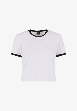 Weißes T-Shirt mit kurzen Ärmeln und einem schwarzen gerippten Kragen sowie Ärmelsäumen. Hergestellt aus einem glatten Baumwollmaterial, bietet es eine klassische Passform.