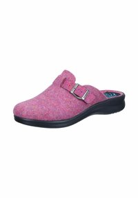 Pink felt clogs feature a rounded toe, side buckle detail, and a black rubber sole. The upper has a textured, soft finish.