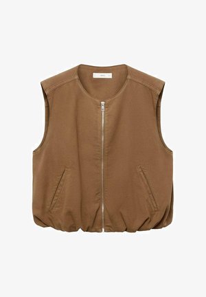 Gilet sans manches marron avec un décolleté arrondi, fermeture à glissière sur le devant et deux poches latérales diagonales. Dispose d'un ourlet froncé élastique.