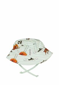 Baskerhatt i ljus mintgrön med vita ränder. Har lekfulla djurillustrationer och dragsko för fästande. Tillverkad av bomull.
