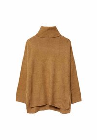 Pull surdimensionné de couleur moutarde avec un col roulé côtelé haut et des manches larges. Texture douce et design ample avec un dos plus long.