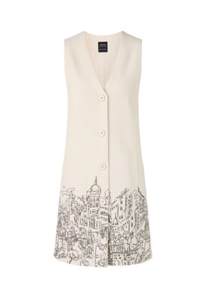 Ärmelloses cremefarbenes Oberteil mit V-Ausschnitt, das über vier Knöpfe und eine detaillierte schwarze Stadtsilhouette am Saum verfügt. Glatte Textur.