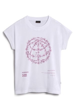 Weißes T-Shirt mit kurzen Ärmeln, auf der Vorderseite mit einem pinkfarbenen Blumen-Globus-Design, kleinem Logo und dem Schriftzug "WORLDY GARDEN Ecuador 2023".