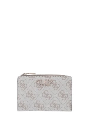 Portafoglio grigio con cerniera, motivo con logo ripetuto e scritta metallica "GUESS EST 1981" al centro anteriore.