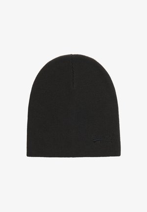 Black knit beanie with a smooth texture and a tight-fitting design. Features a subtle logo embroidered along the edge.