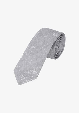 Grey paisley tie made of textured fabric, featuring intricate floral and swirl patterns, with a tapered end and rolled design.