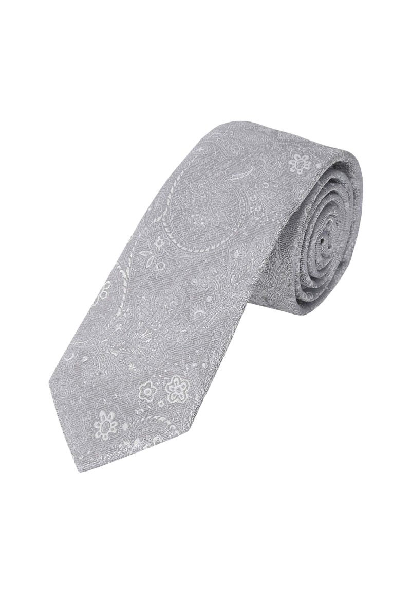 Grau gemusterte Krawatte aus strukturiertem Stoff, mit komplizierten Blumen- und Wirbelmustern, tapered Ende und gerolltem Design.