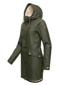 Green waterproof jacket with a faux fur-lined hood, fastened with buttons, featuring a front pocket with a flap and adjustable drawstring.