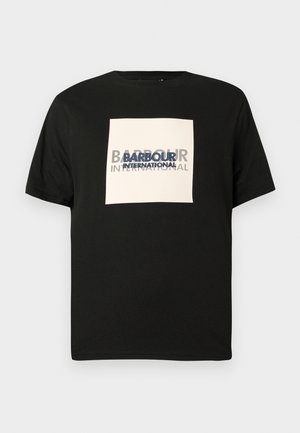 Black cotton t-shirt featuring a large white square graphic with "BARBOUR INTERNATIONAL" text in blue and grey, short sleeves, and crew neckline.
