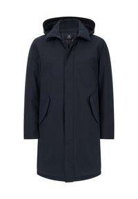 Mornarska nepremočljiva jakna s kapuco, sprednjim gumbom za zapiranje, dvema stranskima žepoma in elegantnim, minimalističnim oblikovanjem. Gladka tekstura tkanine.