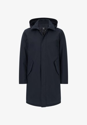 Navy waterproof coat with a hood, front button closure, two side pockets, and a sleek, minimalist design. Smooth fabric texture.