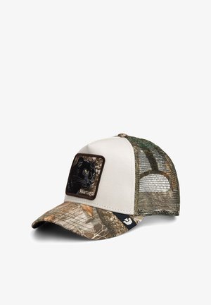 Beige og camouflage baseballkasket med mesh på bagsiden og et frontmærke, der viser et sort panterhoved og ordet "Panther."