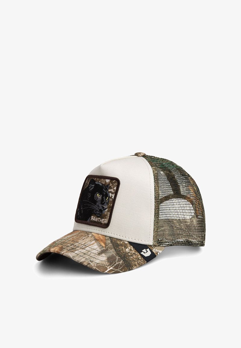 Beige og camouflage baseballkasket med mesh på bagsiden og et frontmærke, der viser et sort panterhoved og ordet "Panther."