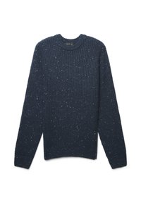 Maglione blu navy con una texture a coste, girocollo e maniche lunghe, caratterizzato da un motivo a macchie in toni più chiari.