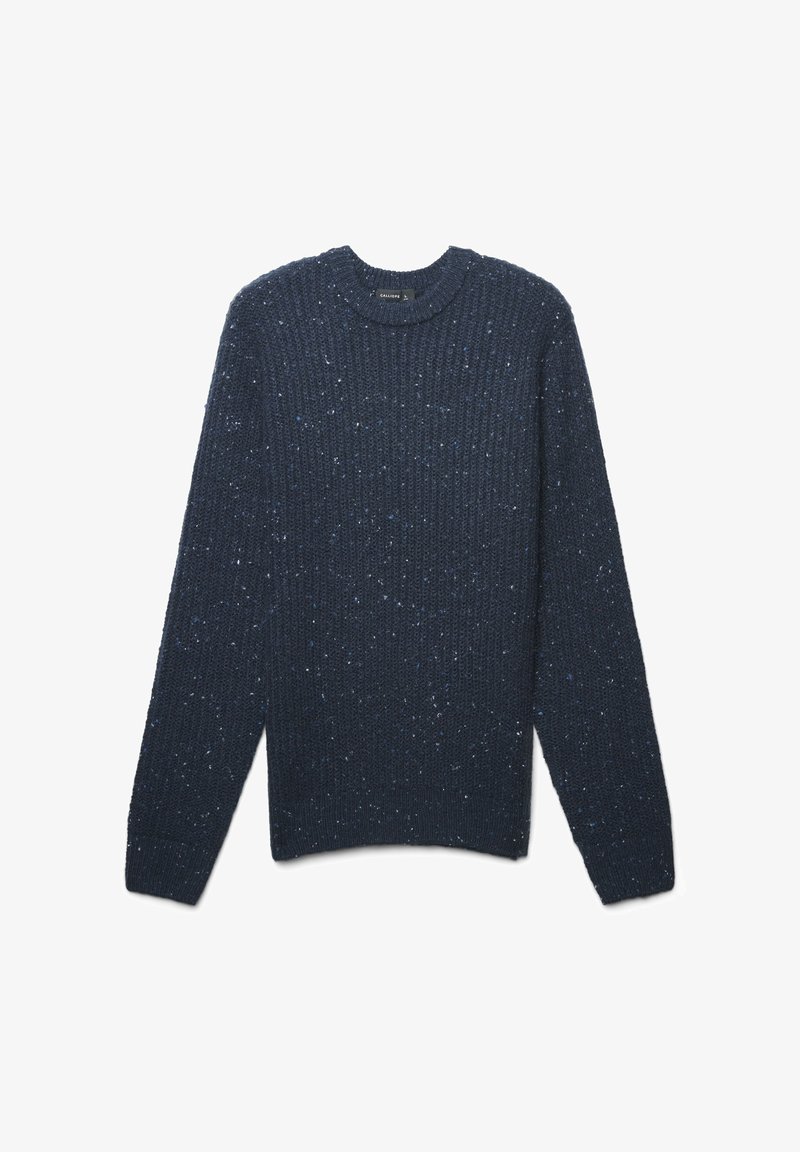 Marineblauer Pullover mit gerippter Textur, Rundhalsausschnitt und langen Ärmeln, der ein gesprenkeltes Muster in helleren Farbtönen aufweist.