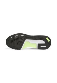 Semelle de chaussure de sport avec une surface en caoutchouc noir texturé, des accents blancs et vert fluo, dotée d'un motif géométrique moderne pour une meilleure adhérence.