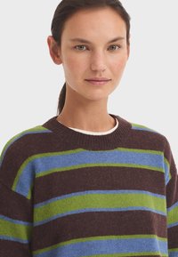 Pull rayé marron avec des nuances de vert et de bleu, col rond, texture douce et coupe décontractée.