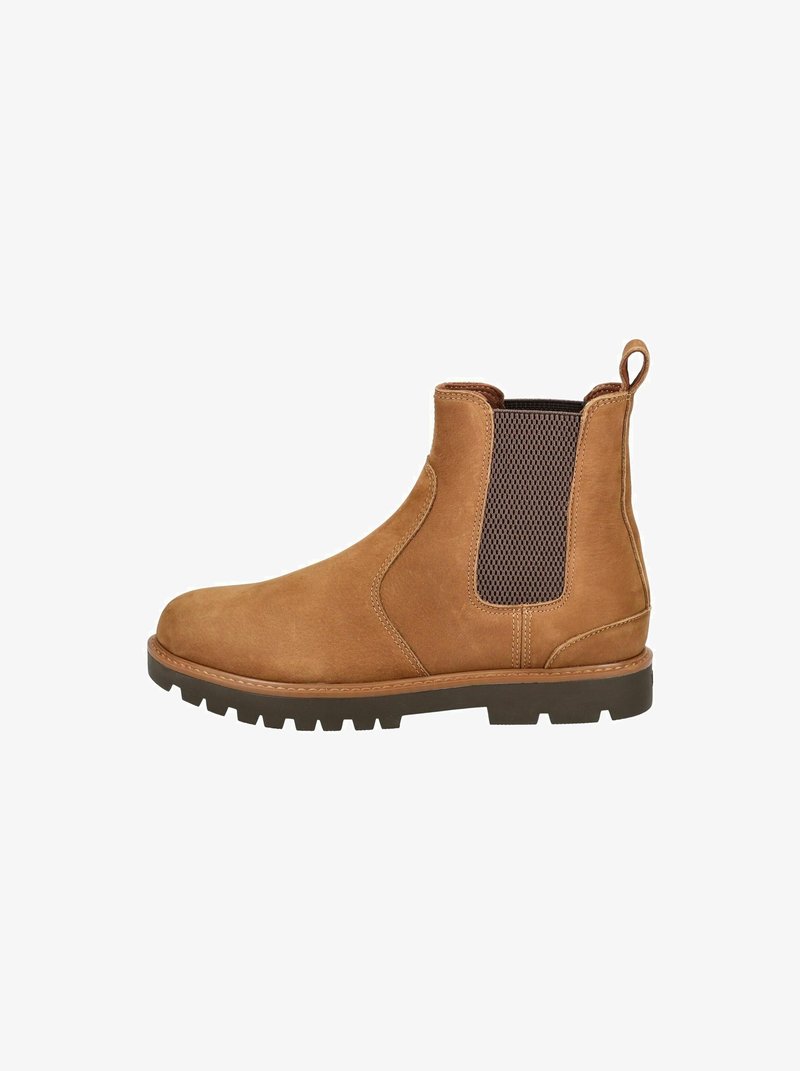 Tan leren Chelsea-boot met elastische zijkanten, gestructureerde details, een trekriem en een robuuste zool. Gladde afwerking en amandelvormige neus.