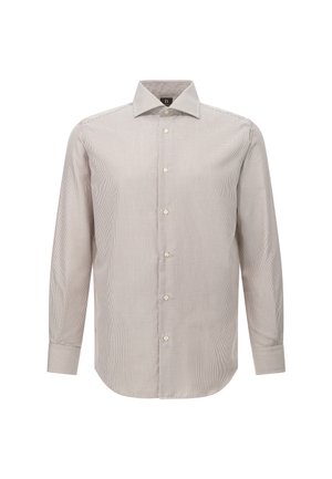 Koszula z długim rękawem w jasnobrązowy i kremowy wzór w kratkę, zapinana na guziki, standardowy kołnierzyk oraz zaokrąglony dół z mankietami.