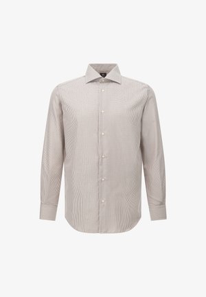 Koszula z długim rękawem w jasnobrązowy i kremowy wzór w kratkę, zapinana na guziki, standardowy kołnierzyk oraz zaokrąglony dół z mankietami.