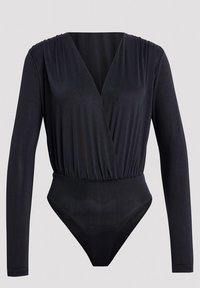 Body a maniche lunghe nera con scollo a V, caratterizzato da una vita arricciata e un tessuto morbido ed elastico che si adatta al corpo.
