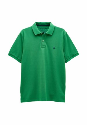 Green short-sleeve polo shirt with two buttons, a collar, and a small navy logo embroidered on the left chest.