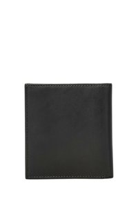 Cartera de cuero negro con textura suave, esquinas redondeadas y costuras contrastantes a lo largo de los bordes. Diseño plegable, apariencia minimalista.