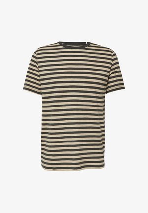 Kurzärmeliges T-Shirt mit Rundhalsausschnitt und horizontalen schwarzen und beigen Streifen.