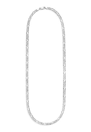 Silver chain necklace with flattened oval and rectangular links, featuring a lobster clasp closure.