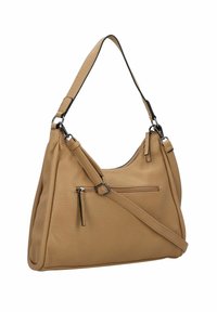Light beige leather shoulder bag with a textured surface, a main compartment, and an exterior zip pocket. Features adjustable strap and silver hardware.